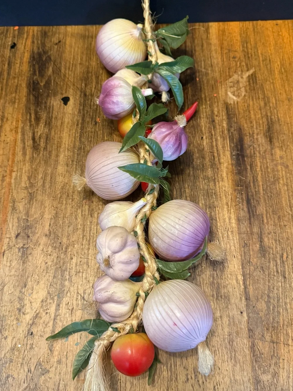 Vintage Funky 70'S Plastic Vegetable Hanging Decor Onions, Garlic, Peppers 21”